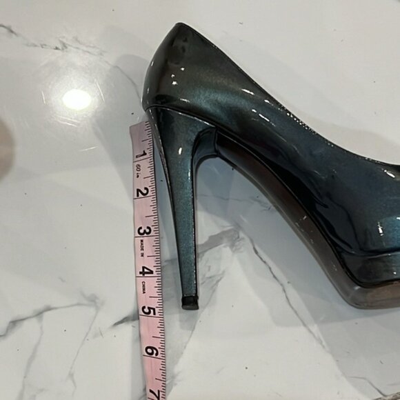 STUART Weitzman Shiny Gray peep toe platform evening prom high heels size 7.5 M - Picture 15 of 16